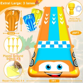 25FT Extra Long Water Slide for Kids, Race Car Triple Lane Lawn Water Slip and WaterSlides with 3 Bodyboards, Safety Fence, Heavy-Duty Outdoor Water Slides for Adults Backyard Sprinkler Summer Toys