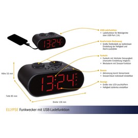 TFA Dostmann Ellypse Digitaler Funk-Wecker, mit USB-Ladefunktion, 60.2551.01, LED-Leuchtziffern, 15,2 x 11,6 x 9,8 cm, schwarz, Kunststoff