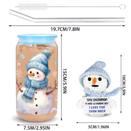 Blue Winter Gifts Set with Glass Cup & Dolls for Friends Coworkers Teachers Family Daughter Snowman Doll with Positive Card Perfect for XMAS and Festive Celebrations Drinking Glass for Christmas Decor