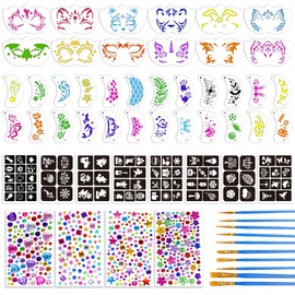 Bsenhe 58PCS Face Painting Kit, Includes 36 Reusable Facial Painting Stencils, 8 Sheets Tattoo Templates Stickers, 4 Sheets Gem Stickers, 10 Brushes for Halloween DIY Body Art Makeup Party