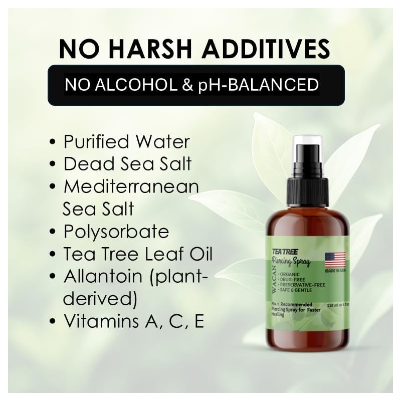 Wacan Advanced Tea Tree Piercing Spray, Saline Aftercare Piercing Cleaner