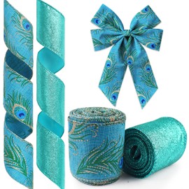 Glodecart 2 Rolls Peacock Ribbon for Wreath Bows Wrapping Gifts, Glitter Blue Green Peacock Ribbon for Gift Wrapping Party Supplies Decoration DIY Crafts 2.5" X 10 Yard, Wired Christmas Wreaths Ribbon
