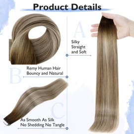 Full Shine Tape in Remy Hair Extensions Real Human Hair 14 Inch Balayage Ombre Color 3 Fading to 8 Highlights 22 Medium Blonde 20 Pcs Invisible Tape Hair Extensions 50 Grams