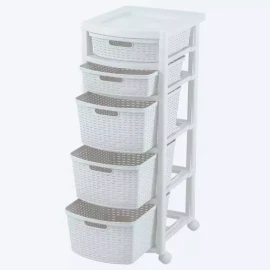 Rimax Cajonero Estilo Rattan Con 5 Gavetas Altas Con Ruedas Blanco