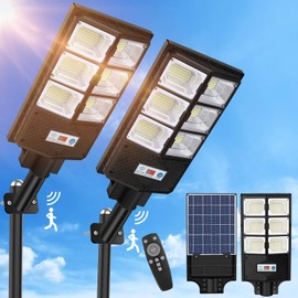 VUAA 2 Pack Solar Street Lights Outdoor Waterproof, 6500K 10000LM LED Solar Lights for Outside Dusk to Dawn, Outdoor Flood Lighting with Motion Sensor and Remote Control for Parking Lot, Garage