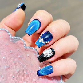 Generic Luxury Gem Custom Mysterious blue Press on nails,Reusable False Nails, Salon Acrylic Nail Kits 10pcs-Small, 0.2 Fl Oz (Pack of 5)