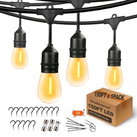 150 FT Outdoor String Lights for Outside Black with 48pcs Replaceable S14 Edison Lights 2200K, Weatherproof for Patio Pergola Gazebo Backyard, 1-Pack, Hooks and Zip Ties Included, Connectable