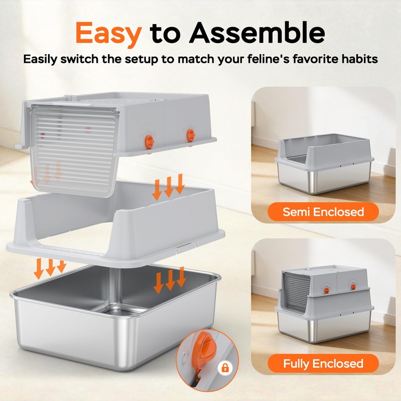 Devopet Stainless Steel Litter Box with Lid, Enclosed Cat Litter