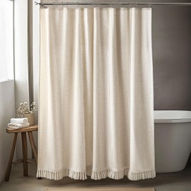 TURKIO Linen Shower Curtain Boho Beige Shower Curtains for Bathroom Thick Fabric Shower Curtain with Tassels Neutral Shower Curtains Rustic Farmhouse Bath Decor 72 Inch