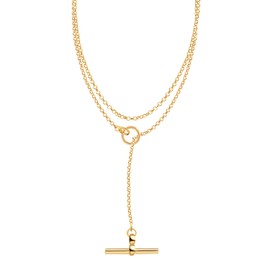 LeCalla 925 Sterling Silver Gold Ring T-Bar Necklace for Women | 14K Gold-Plated Open Circle & Bar Necklace with Rolo Chain | Minimalist Y Necklace 32 Inches