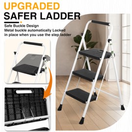3 Step Ladder, Portable Steel Folding Step Stool with Wide Anti-Slip Pedal & Convenient Handgrip, 500lbs Sturdy Steel Ladder, White