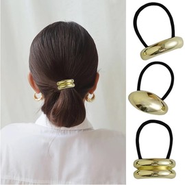 Metal Ponytails Cuffs, Gold Hair Cuffs，Gold Hair Ties, Gold Metal Geometric Elastic Hair Ties, Fashion Glossy Arch Ponytail Hair Tie for Women Hair Accessories (3-Gold)