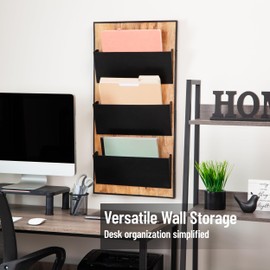 Mind Reader 3-Tier Wall-Mounted File Organizer, Wood and Metal Vertical Rack for Mail, Magazines, and Documents, Black