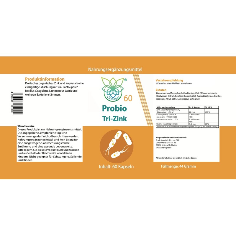 VITARAGNA Probio TRI Zinc, LactoSpore®, Lactococcus Lactis - Triple Organic