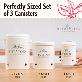 noonberry Potato and Onion Storage Bin, Garlic Storage, Set of 3 Metal Kitchen Storage Containers with Ventilation Holes, Country Farmhouse Canisters