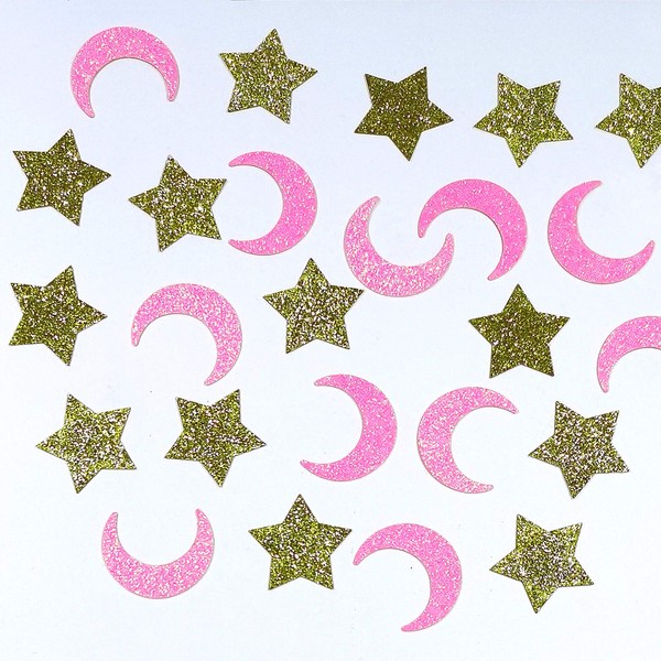 Glittery Moon and Star Table Confetti for Baby Shower Kids Birthday Party Twinkle Twinkle Little Star Decorations - Paper Scatter - Pink and Gold