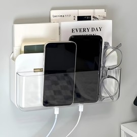 GWEOBZ Adhesive Remote Control Holder Wall Mounted Phone Charging Holder Universal Controller Holder Wall Mount Storage Organizer Box No Drilling Home Office Desk (Bedside Shelf)