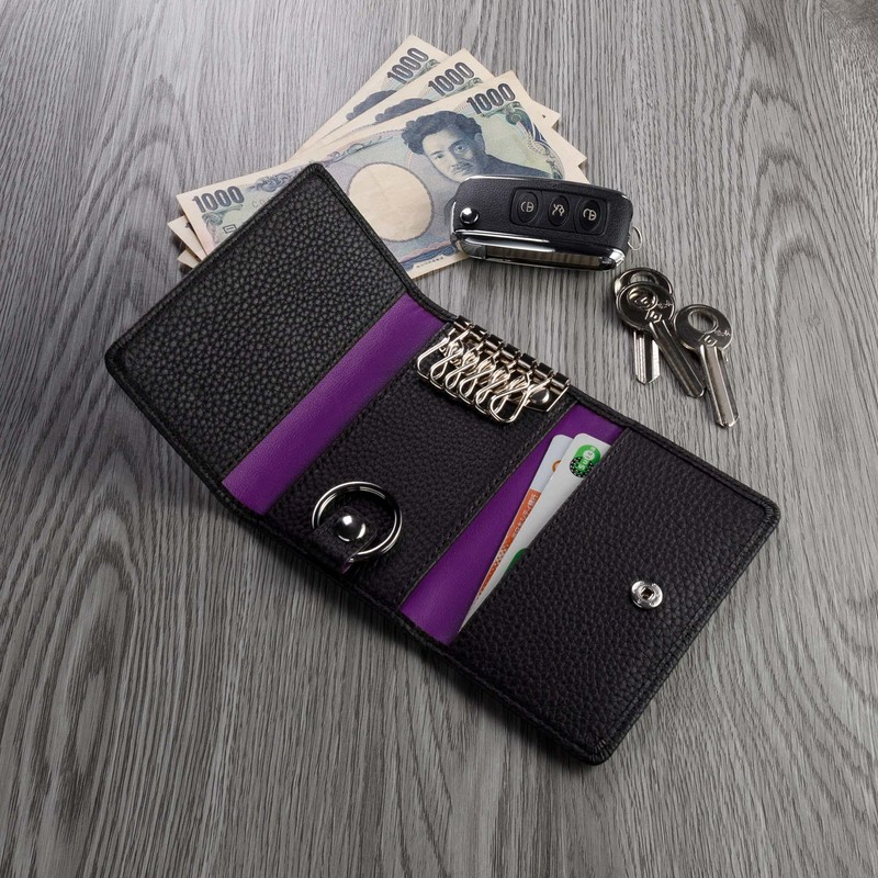 HANATORA PKC Genuine Leather Key Case, Trifold, 2 Buttons, 6