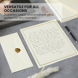 Juego de papelería de escritura de letras prémium con sobres, 48 hojas de papel crudo con borde dorado y líneas de escritura, papel de escritura de 8.