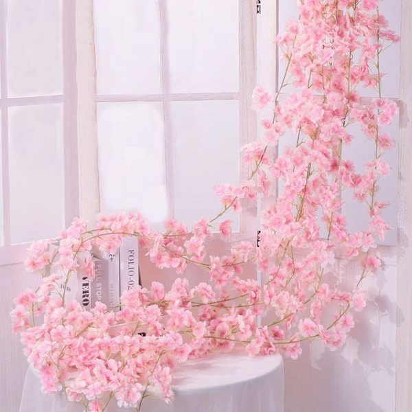 SCHIB Guirnaldas de Flores de Cerezo Artificiales, Aplicar para Decoración de Bodas y el Hogar （4 Unidades, 1.8m, Rosa）