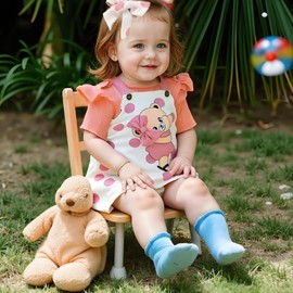 Asmea Baby Clothing Girls Newborn Clothes Ruffle Baby Romper Baby Suspenders Skirt Clothing Sets for Baby Girls Baby Gift Girls Baby Clothing Girls 0-18 Months, Bear Pink, 3 - 6 months