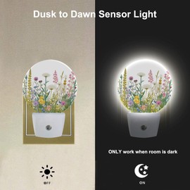 EKOBLA Vintage Floral Botanical Night Light Flowers Green Plants Leaves Night Lights Plug into Wall with Dusk to Dawn Sensor LED 0.5W Nightlights Sleep Friendly