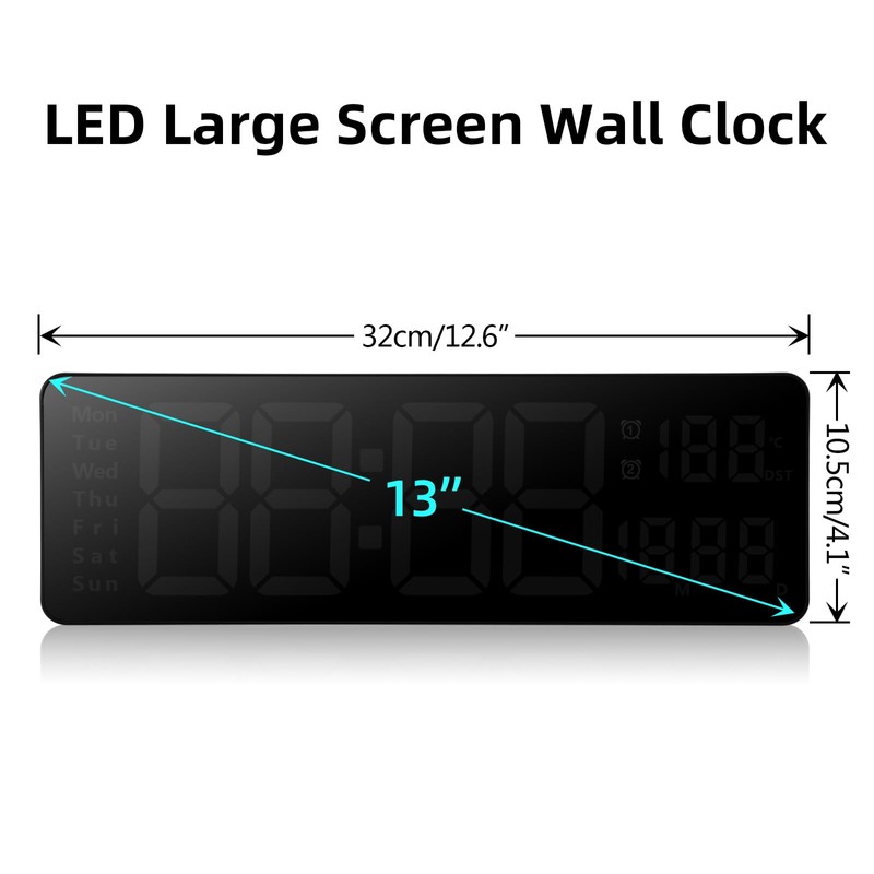 AnExer 13'' Digital Wall Clock Large Display, Big LED/Dual Alarm/Auto