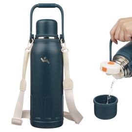 Insulated Water Bottle with Handle and Strap,Vacuum Travel Tumbler with Cup Lid,Thermo Coffee Cup for Hot Cold Drinks 50 OZ,Navy Blue