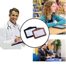 2 Pcs Black&Brown Leather ID Badge Holder, One Sided Clear Window Horizontal Holders Waterproof Name Card Holders for Office, Staff, Students, Employees