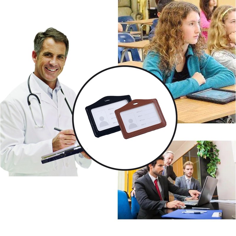 2 Pcs Black&Brown Leather ID Badge Holder, One Sided Clear