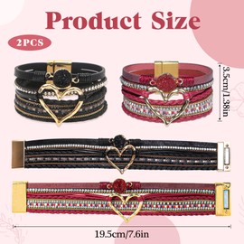 COAUXOG 2Pcs Boho Bracelets Woven Leather Multi-Layer Wrap Bracelet Gold Love Heart Shape Inlaid Rhinestone Stackable Fashion Women Bracelet Jewelry, One Size, Leather, no gemstone