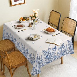 Ablecozy Spring Tablecloth Green Plants Blue Flowers Waterproof Fabric, Rectangle Watercolor Oil-Proof Wrinkle Resistant Table Cover for Dining Table, Buffet Parties and Camping (60" x 84")