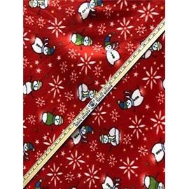 Fleece Fabric Printed Anti Pill Snowflakes and Snowmen RED Background / 58" Wide/Sold by The Yard
