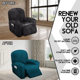 ULTICOR 4-Piece, 1 Seat Recliner Cover, Velvet Stretch Reclining Chair Covers for 1 Cushion Reclining Sofa, Single Seat Recliner Couch Cover, Thick, Very Soft, Machine Washable (Deep Teal)