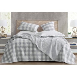Chezmoi Collection 3-Piece Gray White Plaid Cotton Quilt Set - Buffalo Check Solid Reversible Bedspread - Pre-Washed Cotton Lightweight Coverlet, Queen Size