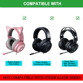 JECOBB Replacement Ear Pads Cushion Cover with Protein Leather & Memory Foam for Razer Nari, Ultimate, Essential, Kraken Kitty, Kraken Tournament Edition Headset ONLY – Oval (Grey)