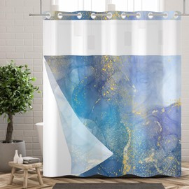 Ttincceer Shower Curtain Waterproof Hookless Design Double Fabric Blue Purple Marble Texture 180 x 188 cm Bathroom Curtain with Privacy Screen Top Window