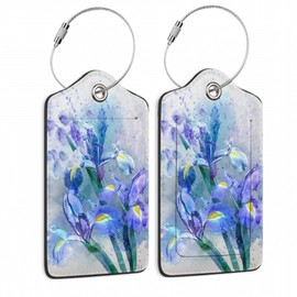 Flower Luggage Tag,Blue Iris Watercolor Luggage Tags of Set 2 Leather Identifiers Privacy Cover with Stainless Steel Loop for Women Men Travel Bag Suitcase