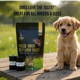 Freeze-Dried Beef Liver Dog Treats with 60 Poop Bags – Natural, Single Ingredient Dog Snack – Grain-Free, High Protein, Made in USA – Okapi Brand