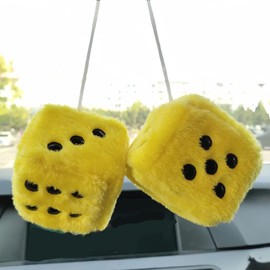 Fuzzy Plush Dice for Car Mirror, Pair of Retro 3” Yellow Dice with Black Dots for Car Interior Hanging Ornament Decoration