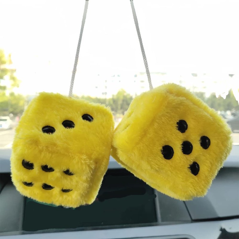 Fuzzy Plush Dice for Car Mirror, Pair of Retro 3”