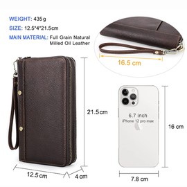 Contacts Mens RFID Clutch Handbag Full Grain Leather Zipper Passport Wallet Business Large Carry-All Organiser Checkbook Clutch Phone Holder (Coffee-MC1027)