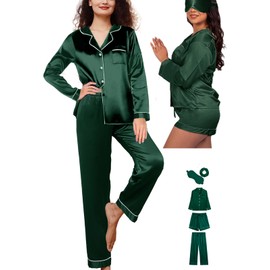WJing Yi Jia 5Pcs XS-XXL Womens Silk Satin Pajamas Sets Long Pj Sets Button Down Pjs Set Loungewear Sleepwear