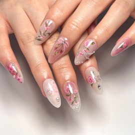 Pink Flower Press on Nails Medium Almond Fake Nails Cute False Nails Press ons with 3D Pearl Rhinestones Designs Acrylic Nails Full Cover Glossy Glue on Nails Stick on Nails for Women Manicure 24Pcs