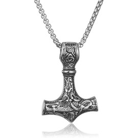 RWQIAN Men's Mjölnir Necklace Thor's Hammer Pendant Hammer Chain Viking Necklace Men's Viking Jewellery Silver/Black/Gold 50-70 cm, Stainless Steel