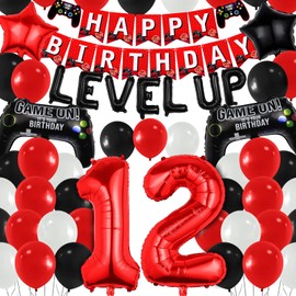 12 th Level Up Theme Video Game Birthday Decorations Supplies Boys Girls Party Decor Favors Including Red Black White Latex Balloons Gaming Birthday Banner Black and Red Foil Gamepad Balloons