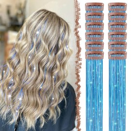 FESHFEN Clip in Hair Tinsel 12 PCs Skyblue Clip ins Glitter Tinsel Hair Extensions Sparkle Fairy Hair Party Dazzle Blue Colorful Hair Accessories Strands Kit for Women 20 Inch