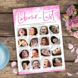 20 x Labour or Lust Baby Shower Game - Girls Pink Glitter Effect (20 Guest Cards + 1 Card of Answers for The Host + Winner's Certificate)