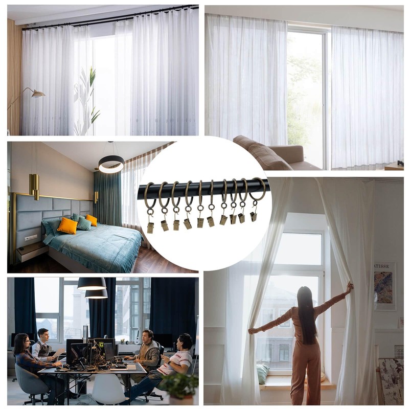 カーテンリングとフッククリップ、内径38mm、カーテンポールリング、フック、クリップ付きコンプリートセット、カーテンリング24個パック 標準カーテン2枚用 ブロンズ TXZWJZ