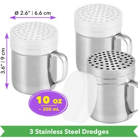 CUSINIUM 10oz Metal Parmesan Cheese Shakers with Large Holes - With Handle - Chili Flakes Dispensers - Pizza Shakers - Pack of 3 | Style: Coarse